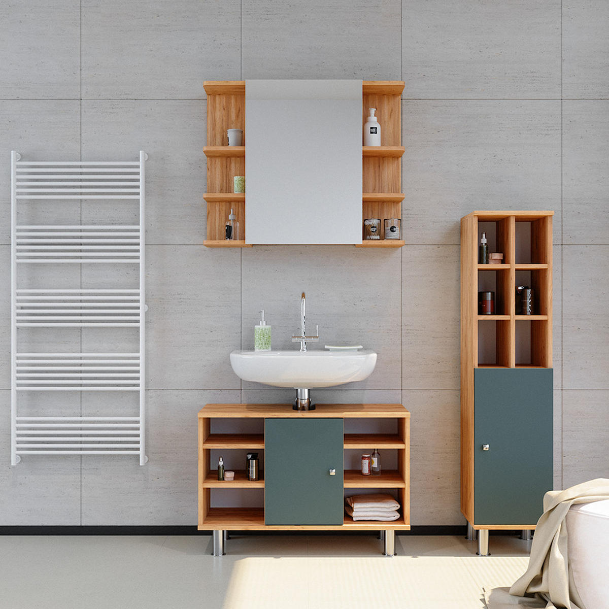 BADMÖBEL-SET Fynn Grün 3 Teile, mit Midischrank Tür groß - Honigeiche/Grün, Holzwerkstoff (60/54/32cm) - Vicco