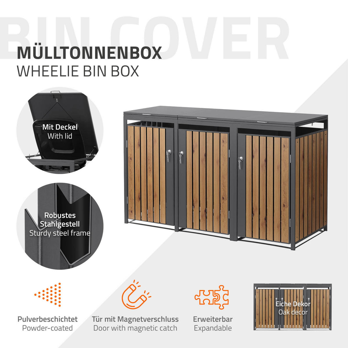 MÜLLTONNENBOX 3er Anthrazit-Holzoptik - Graubraun, Metall (200/120/80cm) - ML-DESIGN