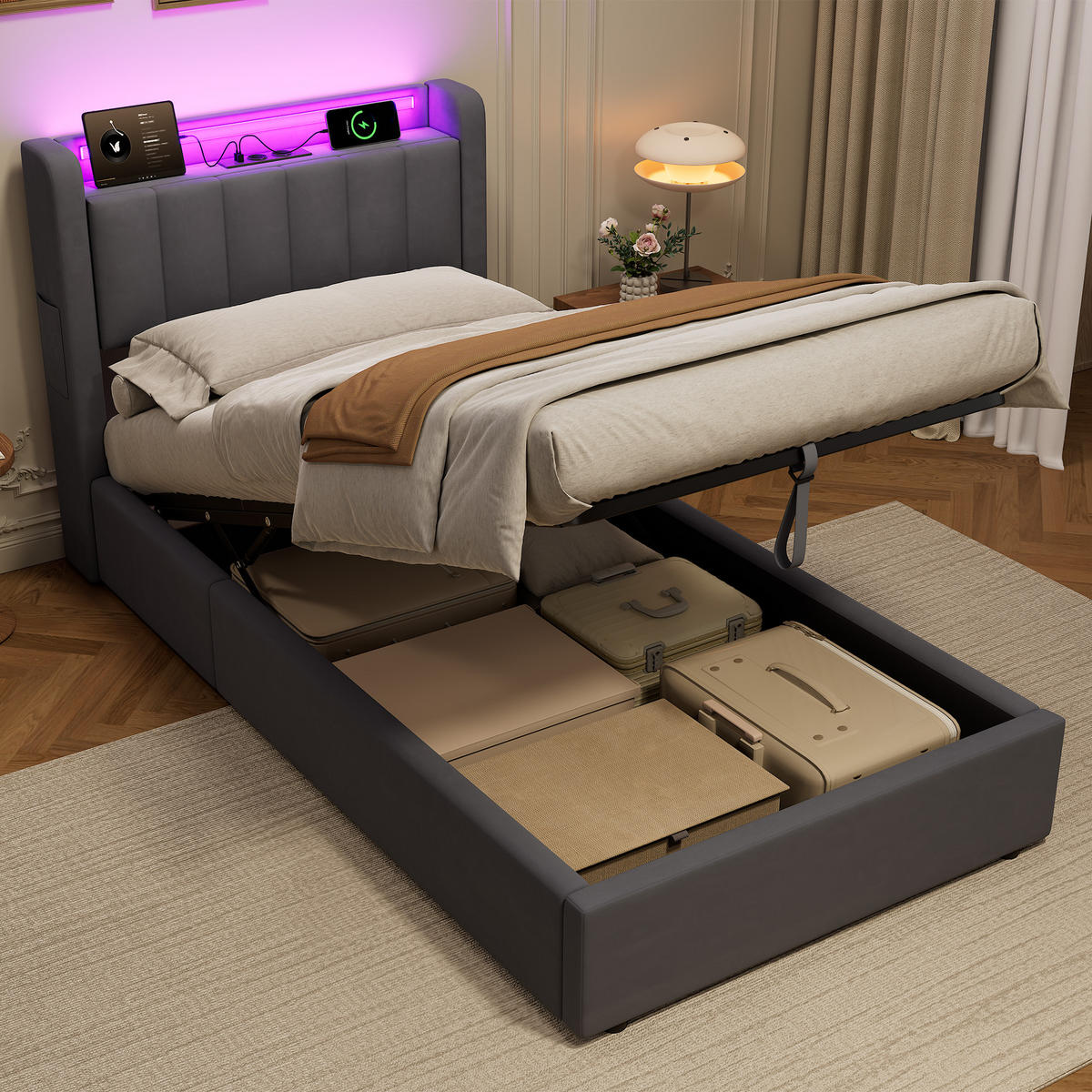 POLSTERBETT 90x190cm mit abgerundeten Kanten,mit Bettkasten und LED-Beleuchtung,Grau - Grau, Holzwerkstoff/Textil (90/190cm) - EVRYAE