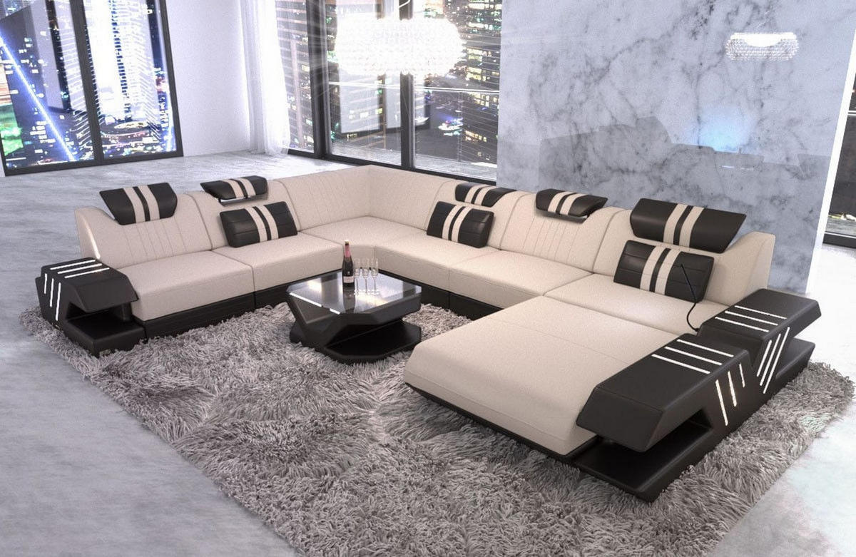 WOHNLANDSCHAFT Venedig Elfenbein Schwarz Mikrofaserstoff - Creme, Kunststoff (373/80/288cm)