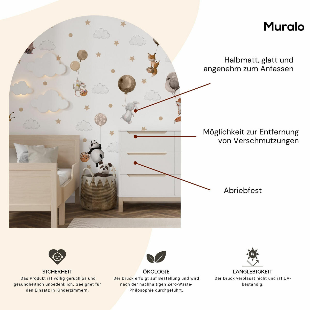 AUFKLEBER SET Tiere Ballons Wolken Sterne Punkte 120x60 - Beige/Schwarz, Papier (120/60/1cm) - Muralo