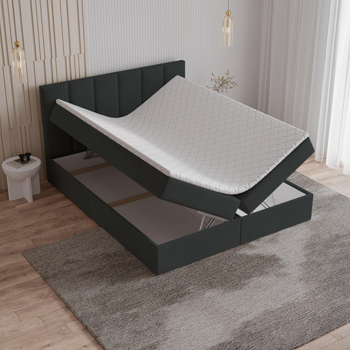 BOXBETT MERIL 140x200 cm mit Matratze und Topper - Schwarz - Schwarz, Holz (140/200cm) - MASSENO