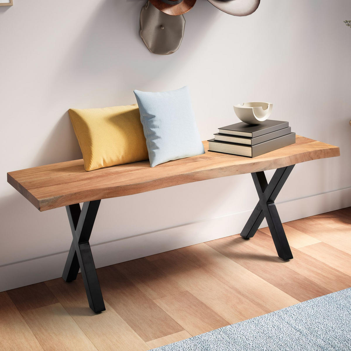 SITZBANK – Akazie/Massivholz/Metall, 120x40x45,5 cm, Baumkante, ohne Lehne - Schwarz/Braun, Holz/Metall (120/46/40cm) - KADIMA DESIGN