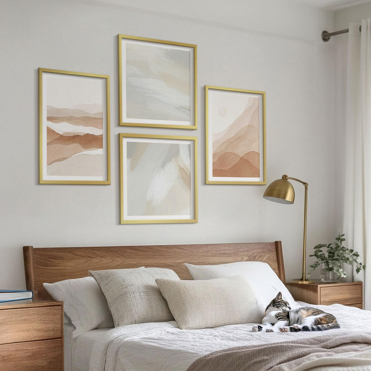 WANDBILDER 4er Set - 50x50 cm & 40x60 cm Goldrahmen - Abstrakte braune Landschaften - Goldfarben, Kunststoff (50/50cm) - ArtPrintCave