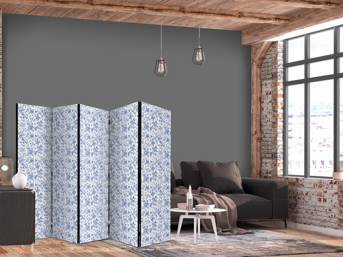 PARAVÁN Jednostranný 5-dielny 225x172 cm Modré Kvety - modrá, drevo/textil (225/172/3cm) - Muralo