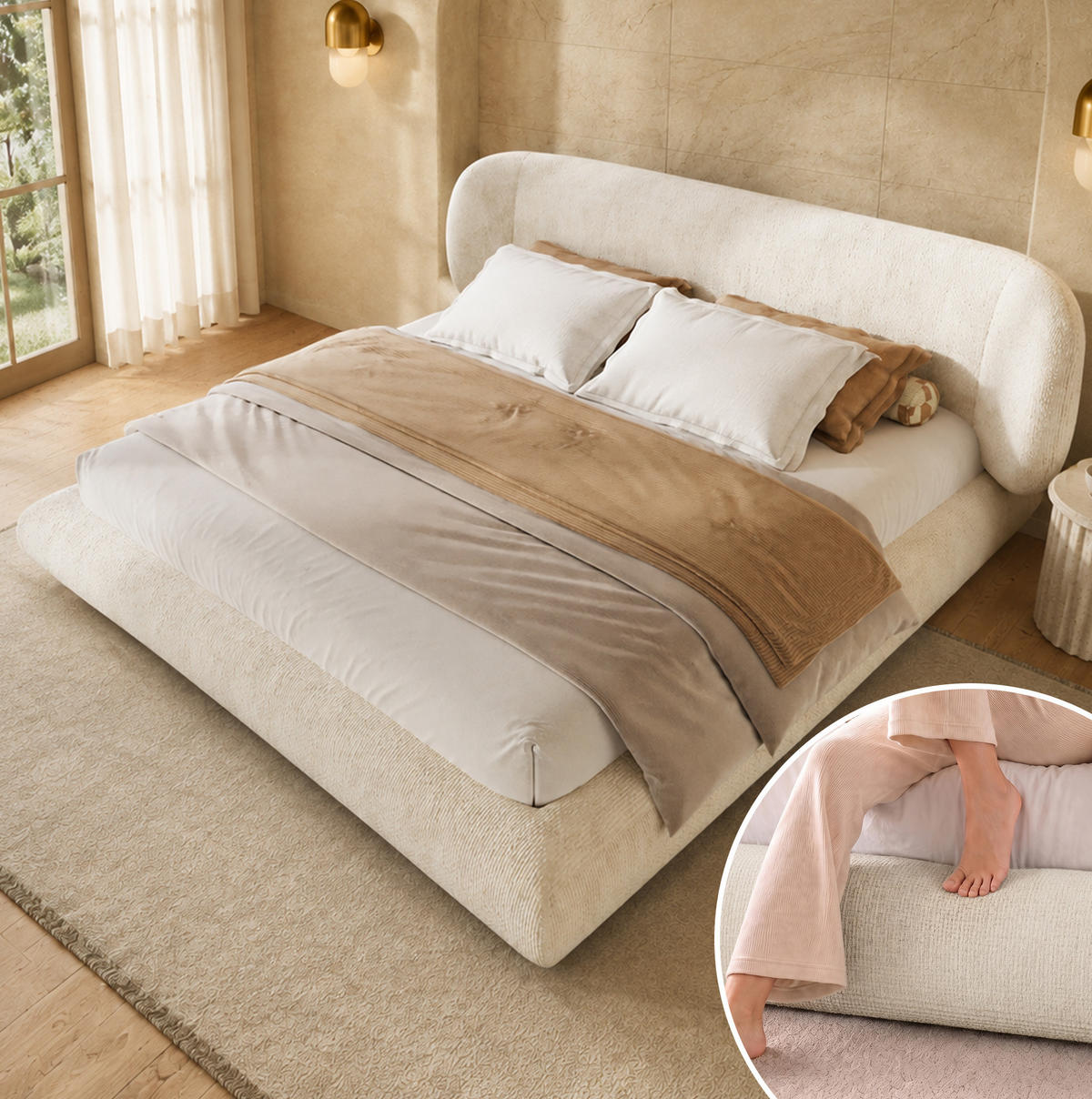 POLSTERBETT aus Chenille 140x190 cm Beige mit Lattenrost und gepolstertem Kopfteil - Beige, Textil (140/190cm) - Modfu