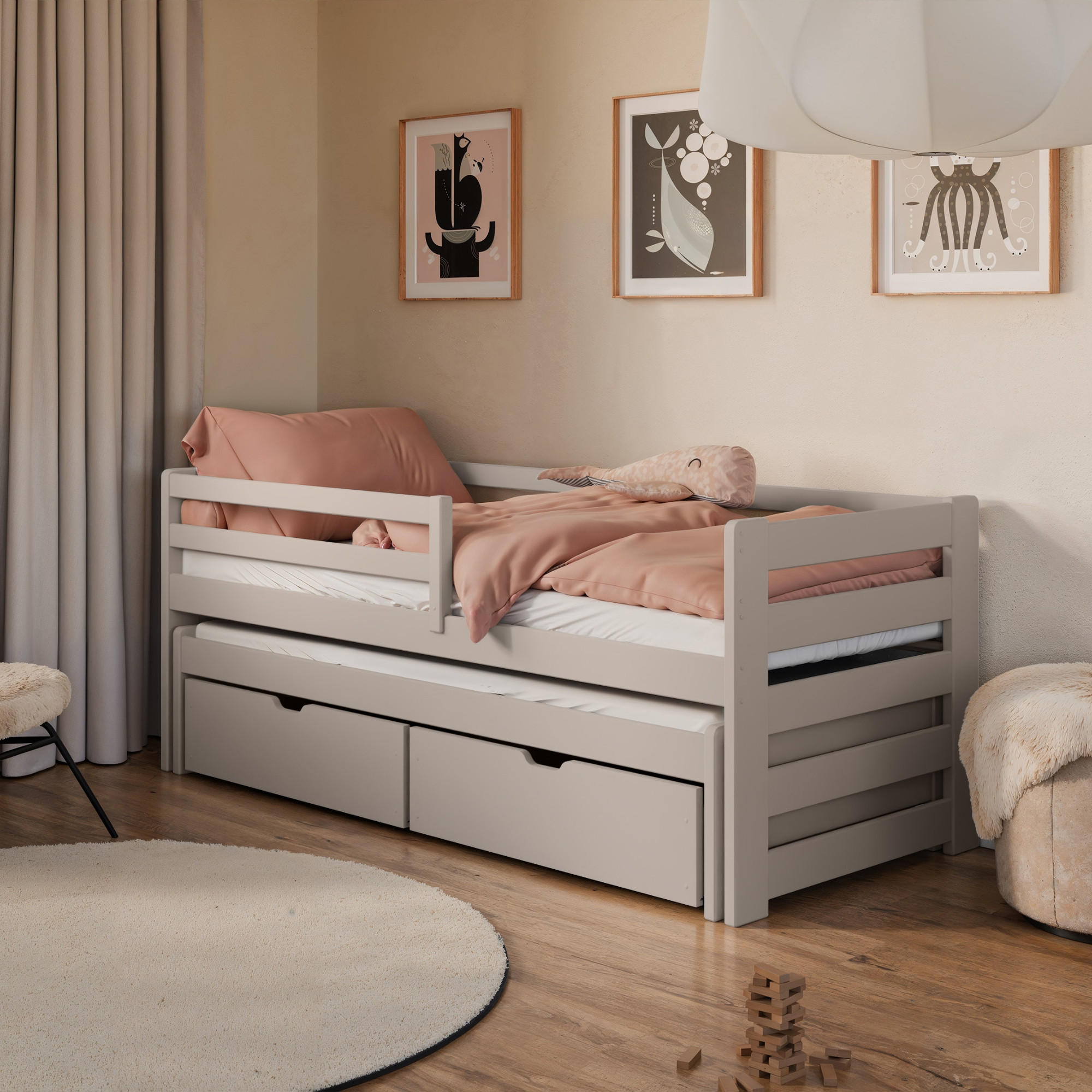 KINDERBETT 90x200 cm mit Ausziehbett & zwei Schubladen in Kaschmir - Kaschmir, Holzwerkstoff (90/200cm) - Kids Collective
