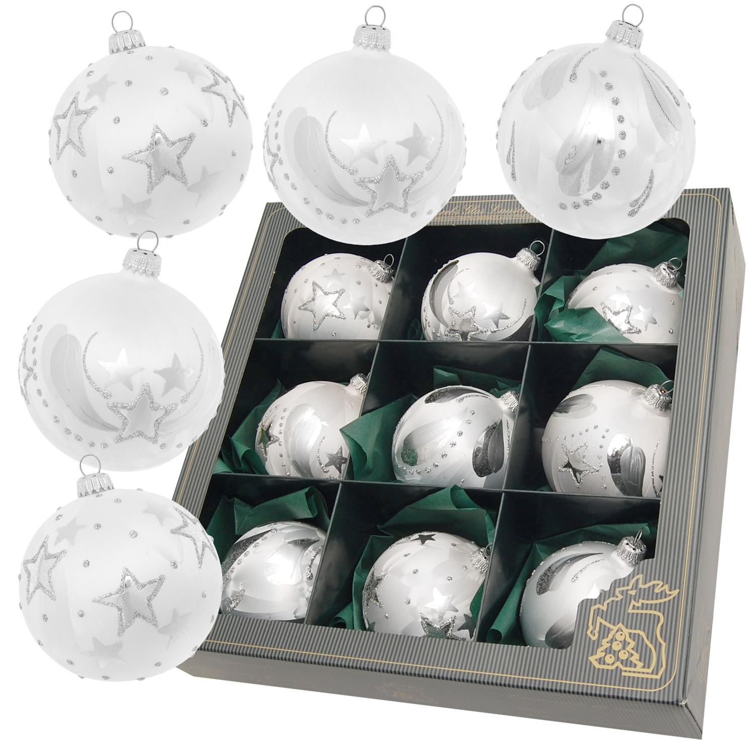 CHRISTBAUMKUGELN Set Winterzauber Silberfarbig 8cm (Glas / 9 Stk.) - Silberfarben, Glas (8/8/8cm) - Krebs Glas Lauscha