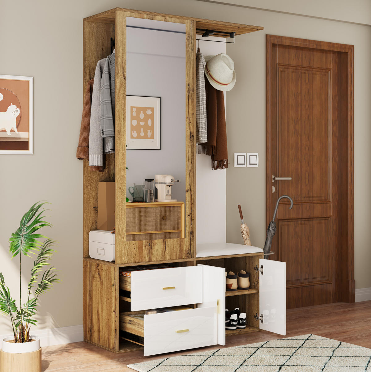 SCHUHSCHRANK 100/180/38 cm Weiß/Natur aus MDF, Spanplatte und Spiegel mit Sitzbank - Naturfarben, Holzwerkstoff (100/180/38cm) - OKMYHOME