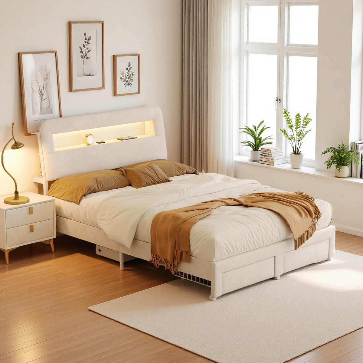 POLSTERBETT 140x200 cm Beige Samt LED USB 2 Schubladen - Beige, Metall (140/200cm) - SHOPENTRA