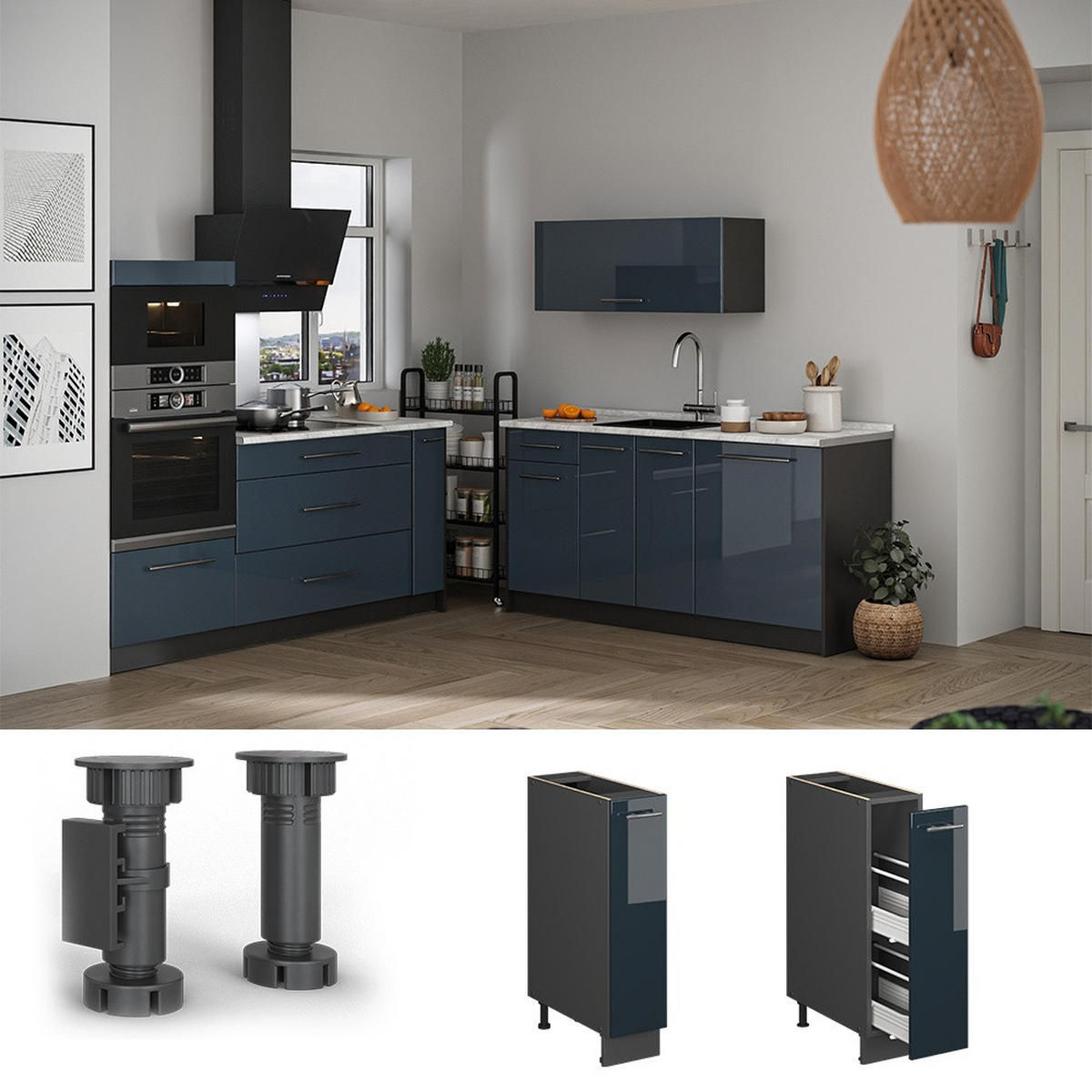 APOTHEKERSCHRANK Fame-Line, Dunkelblau Hochglanz/Anthrazit, 20 cm, AP Marmor - Anthrazit/Dunkelblau, Holzwerkstoff (20/82/60cm) - Vicco