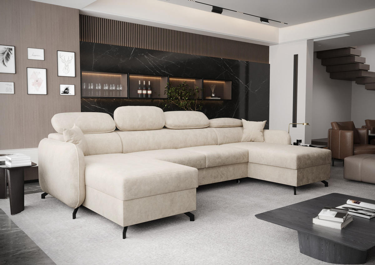 WOHNLANDSCHAFT Ribella 5 Creme 345/180/100 cm mit Schlaffunktion - Beige/Schwarz, Textil/Metall (345/100/180cm) - AX Living