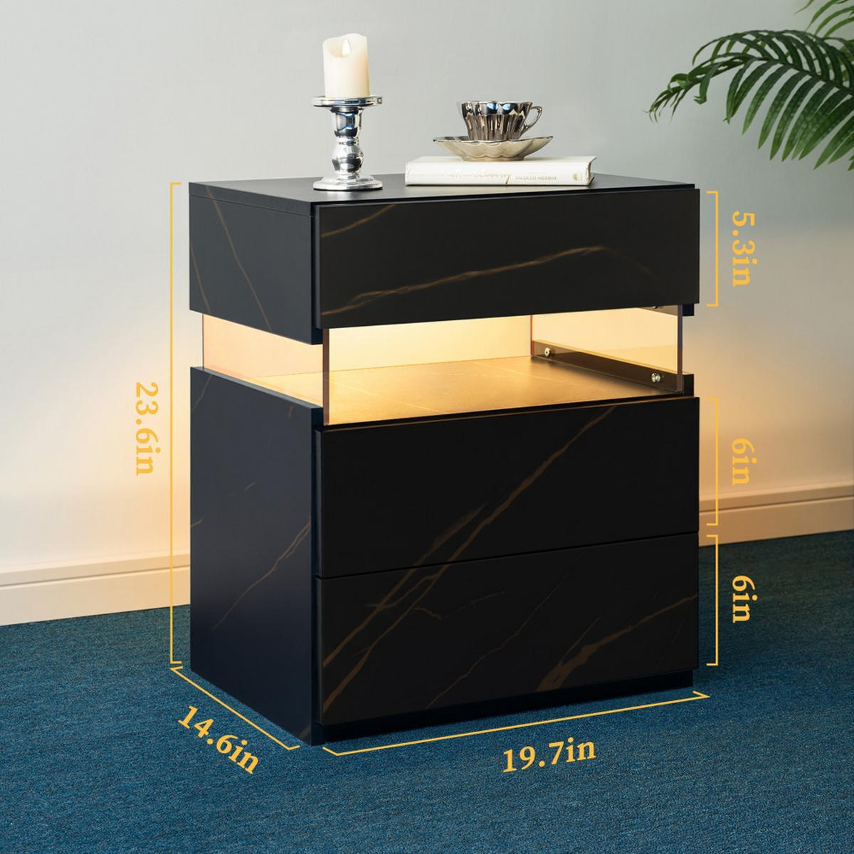 NACHTSCHRANK LED 3 Drawer Schwarz-Gold - Goldfarben/Schwarz, Holzwerkstoff (38/61/48cm)