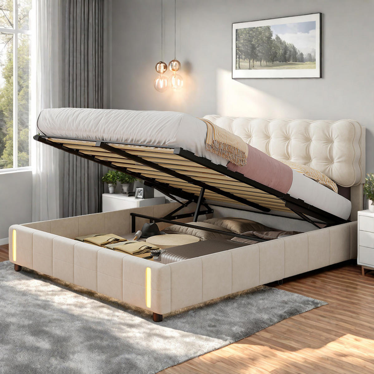 POLSTERBETT 140x200cm, Samt, Beige, mit Beleuchtung und Lattenrost, ohne Matratze - Beige, Holz (140/200cm) - WoodenAura