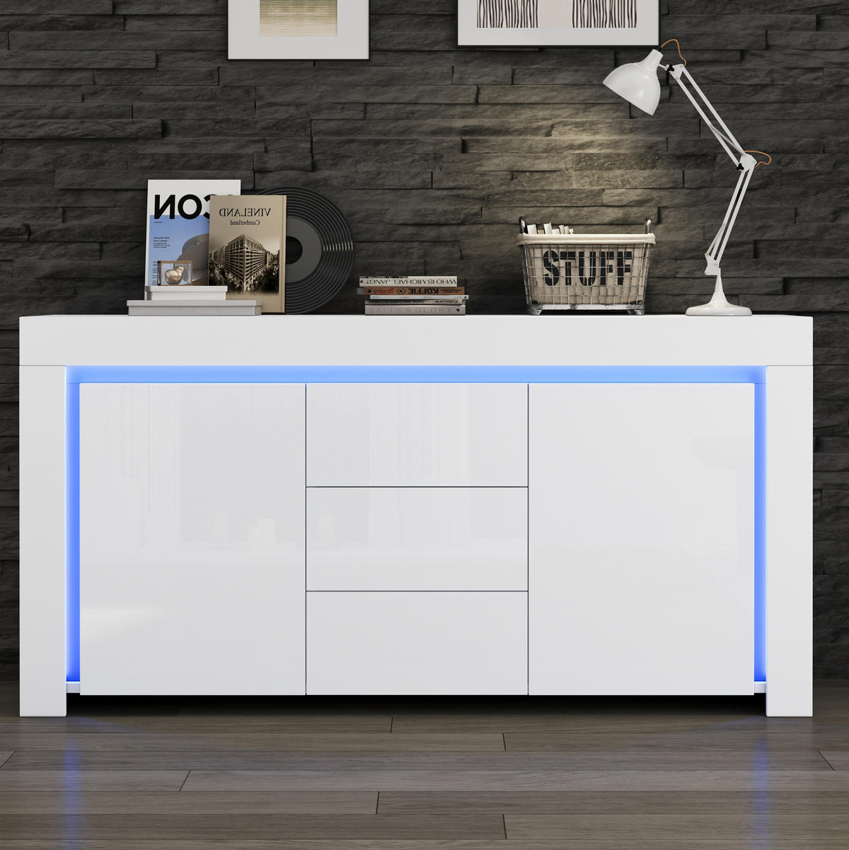 SIDEBOARD 140/40/65 cm in Weiß mit 2 Türen, 3 Schubladen und LED-Beleuchtung - Weiß, Holzwerkstoff (140/65/40cm) - Flora Grace