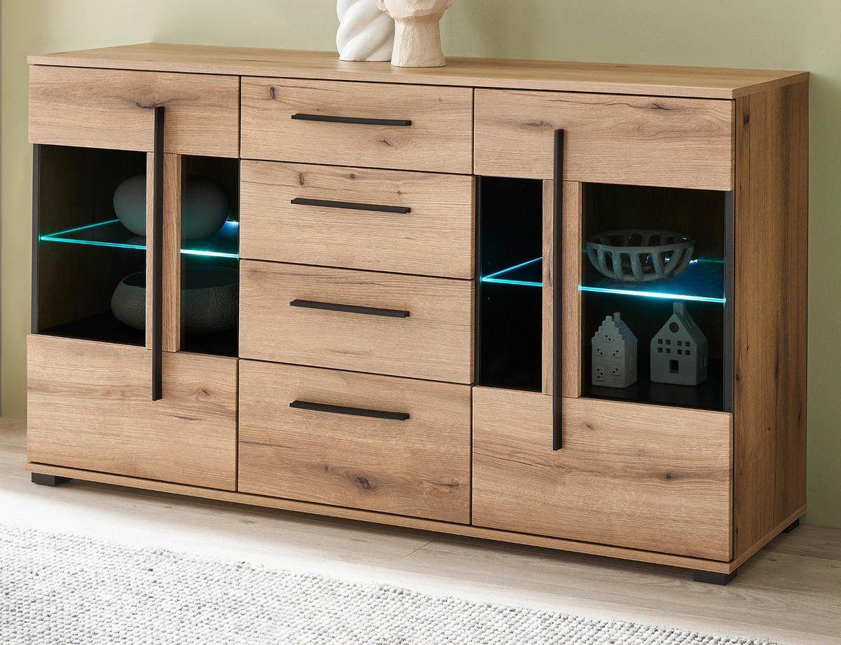 SIDEBOARD Eiche Evoke, Kommode 150 cm mit Beleuchtung - Eichefarben/Schwarz, Glas/Holzwerkstoff (150/86/42cm) - Furn.Design