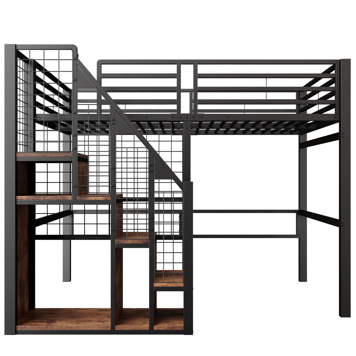 VYSOKÁ posteľ 140/200 cm čierna z kovu a MDF s úložným priestorom a bezpečnostným schodiskom - čierna, kompozitné drevo (140/200cm) - OKWISH