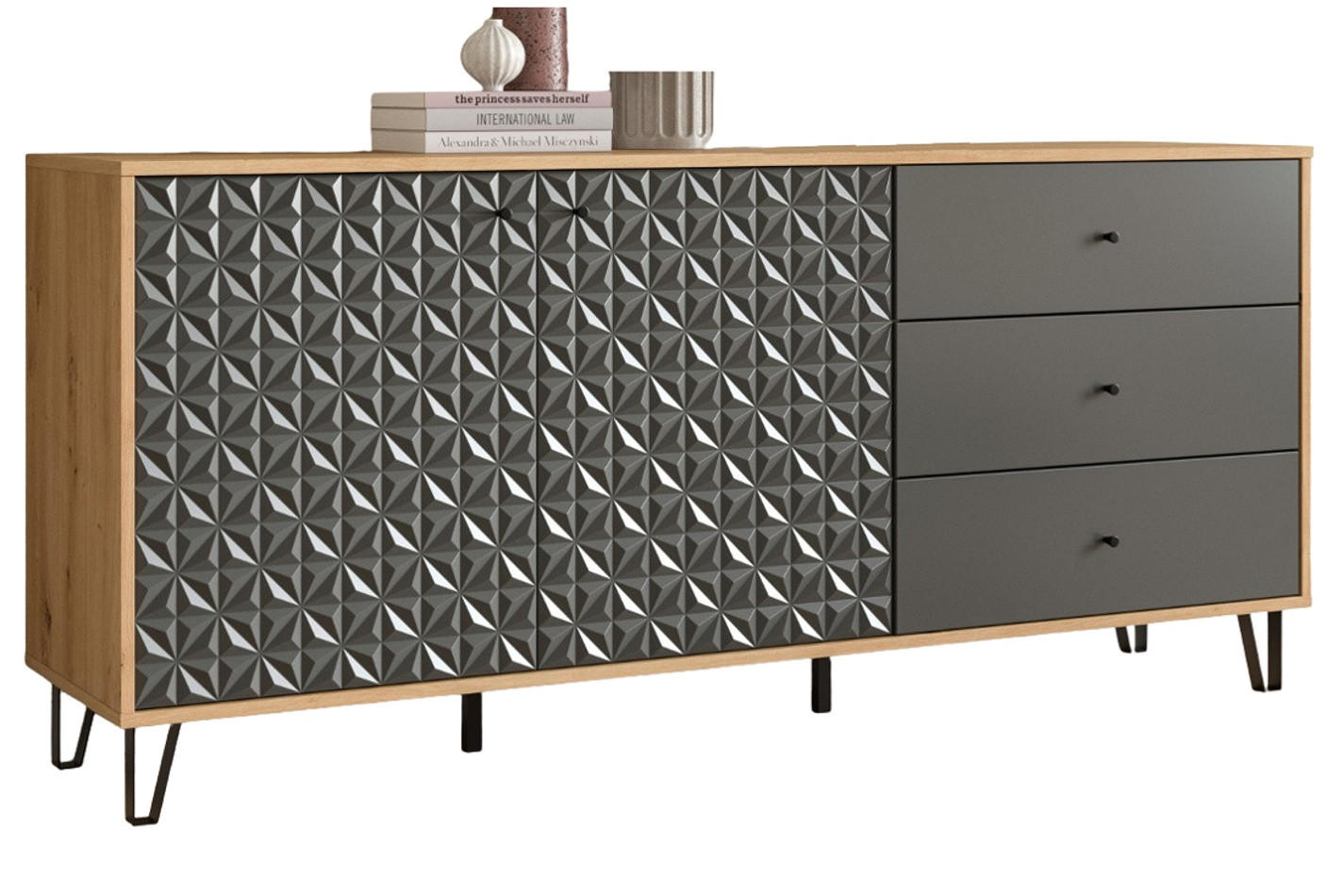 SIDEBOARD grau, Eiche Artisan 169 x 76 cm, Kommode mit 3D-Struktur - Schwarz/Eiche Artisan, Holzwerkstoff/Kunststoff (169/76/40cm) - Inn.Furn