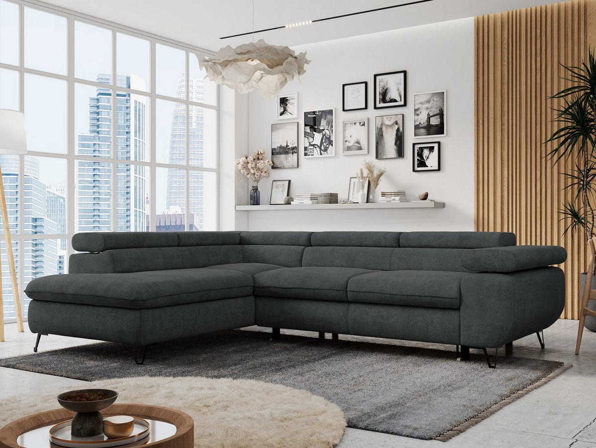 ECKSOFA PETER L Dunkelgrau Struktur - Links Seite - Dunkelgrau/Schwarz, Textil/Metall (208/273cm) - MKS