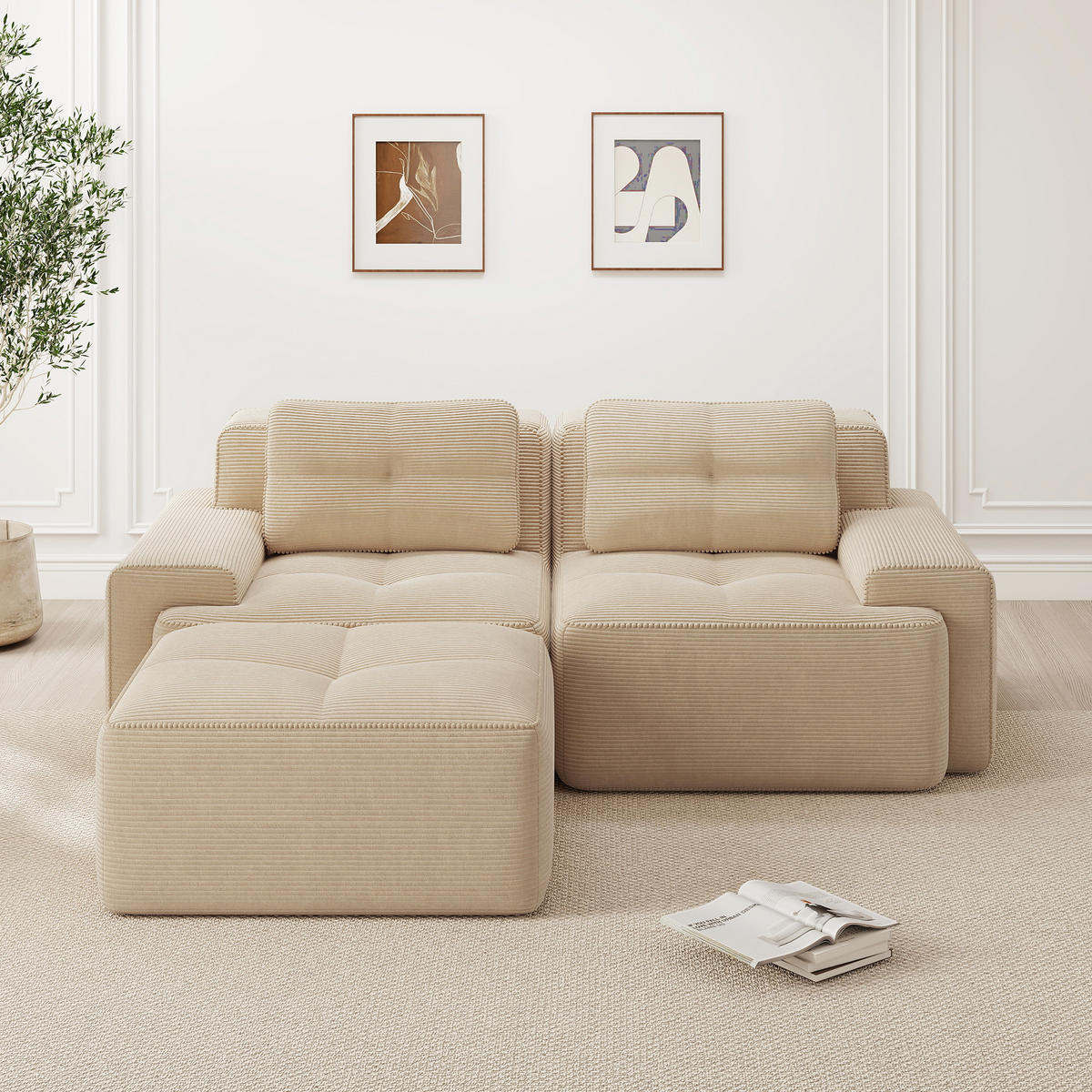 ECKSOFA Cord Beige mit Ottomane - Beige, Textil (204/177cm) - WISHDOR