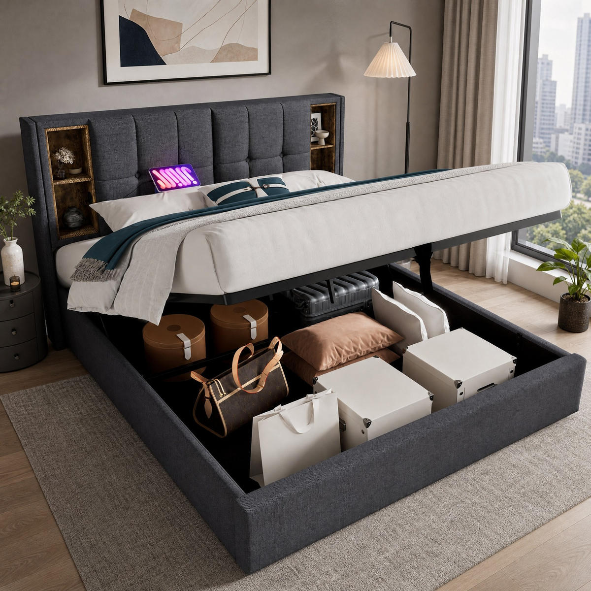 POLSTERBETT 180/200 mit Bettkasten, kabellosem Laden, USB, Type-C und Stauraum in Grau - Grau, Holzwerkstoff/Textil (180/200cm) - EVRYAE