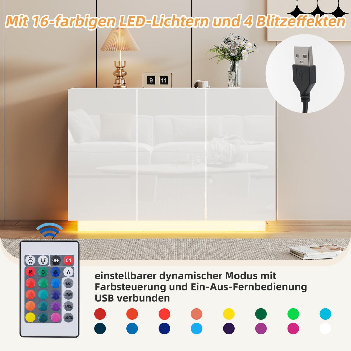 SIDEBOARD LED Weiß Hochglanz 120x40x75cm Stauraum Modern - Weiß, Holzwerkstoff (40/75/120cm) - FLIEKS