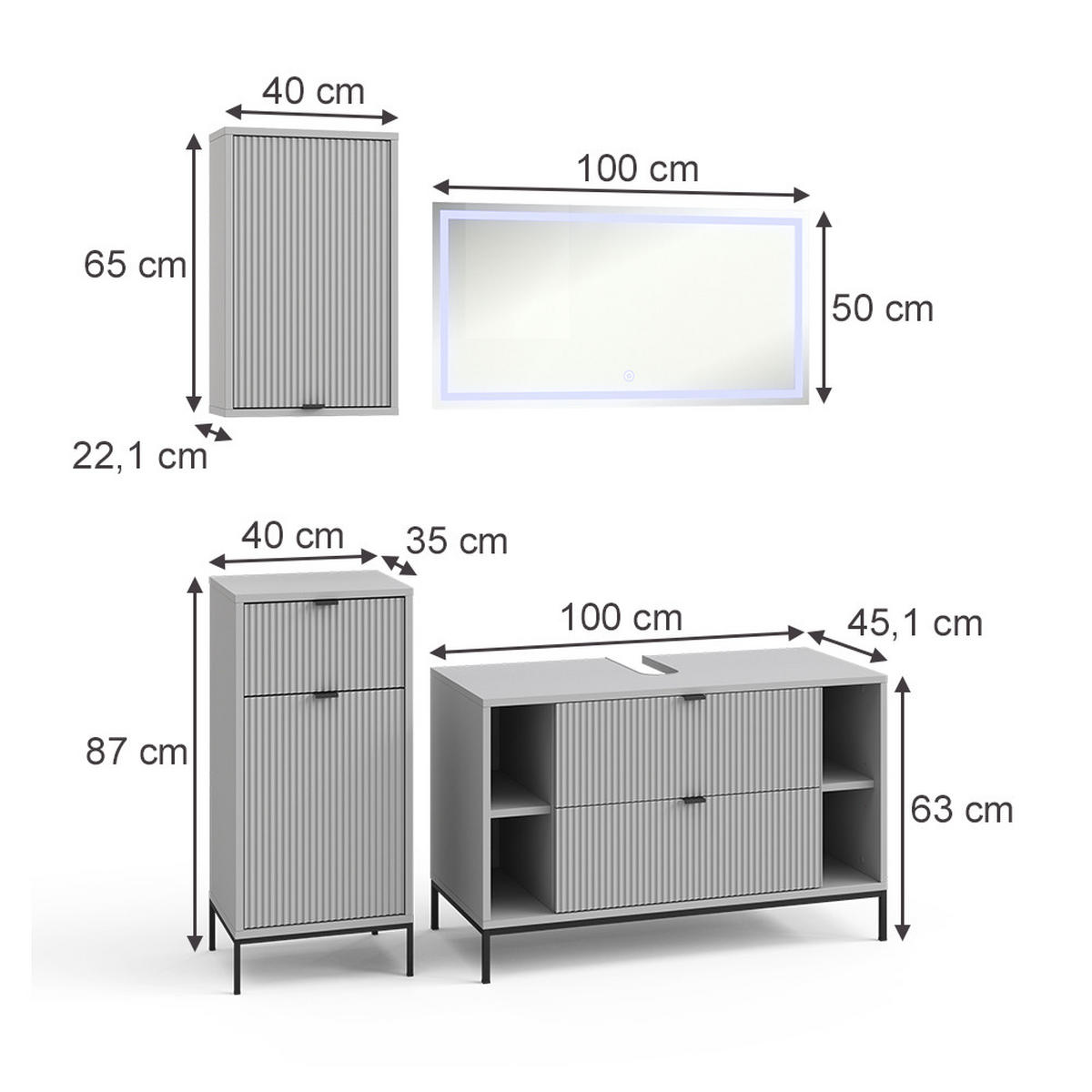 BADMÖBEL-SET Eliza Grau 4 Teile - Grau, Holzwerkstoff (100/63/45.1cm) - Vicco