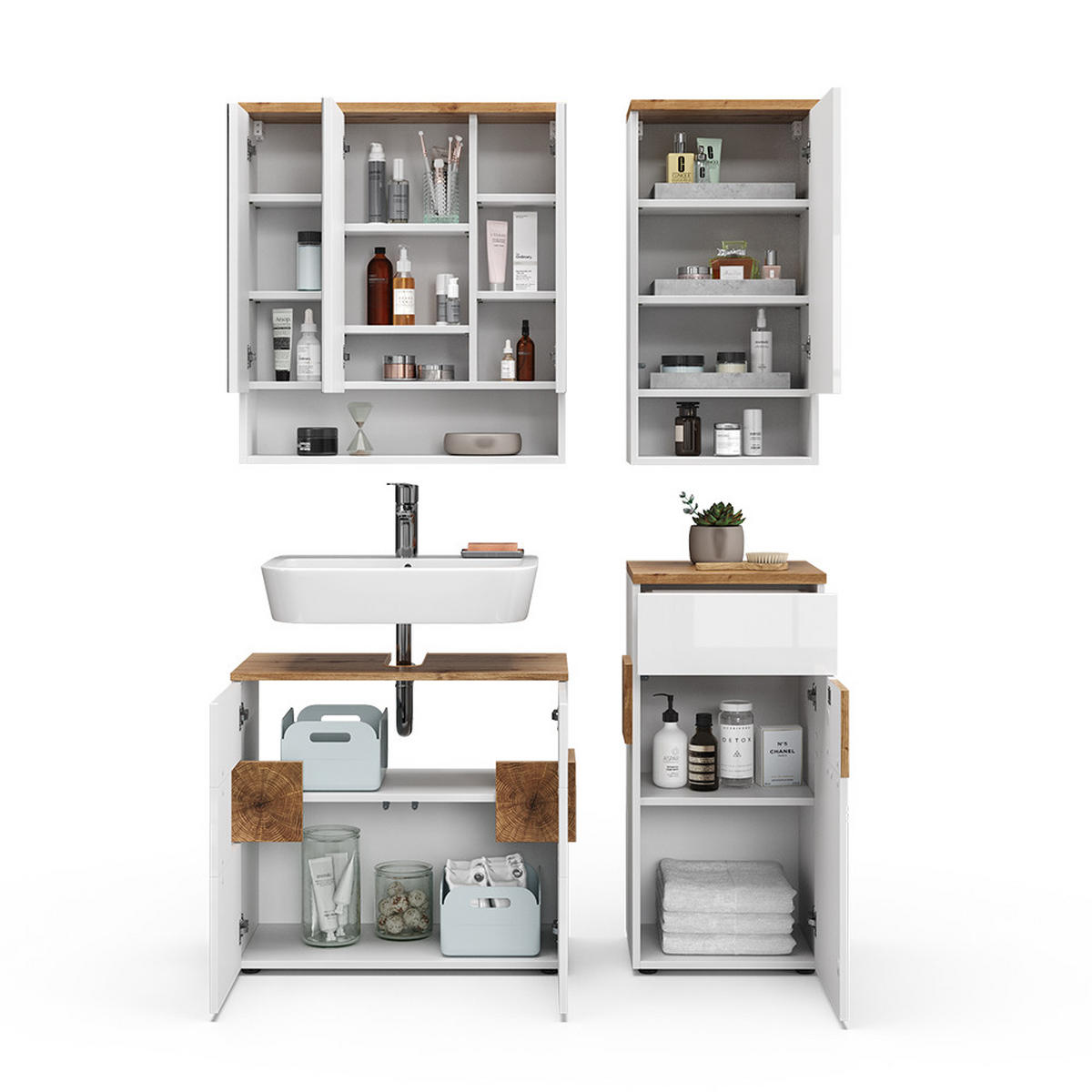 BADMÖBEL-SET Eden Weiß 4 Teile - Weiß/Eiche Artisan, Holzwerkstoff (73/64/37cm) - Vicco