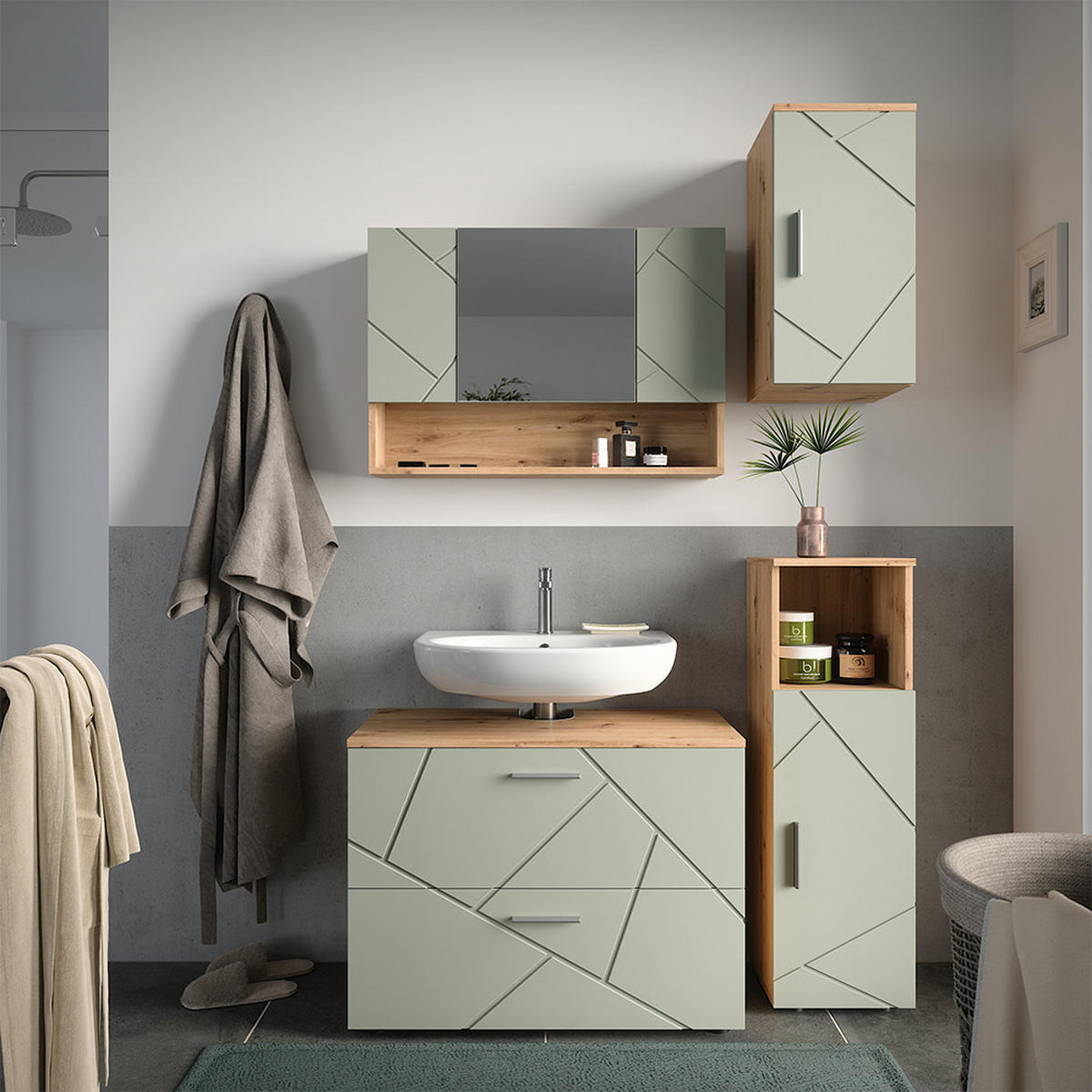 BADMÖBEL-SET Irma Salbeigrün 4 Teile - Salbeigrün, Holzwerkstoff (80/58.6/41cm) - Vicco