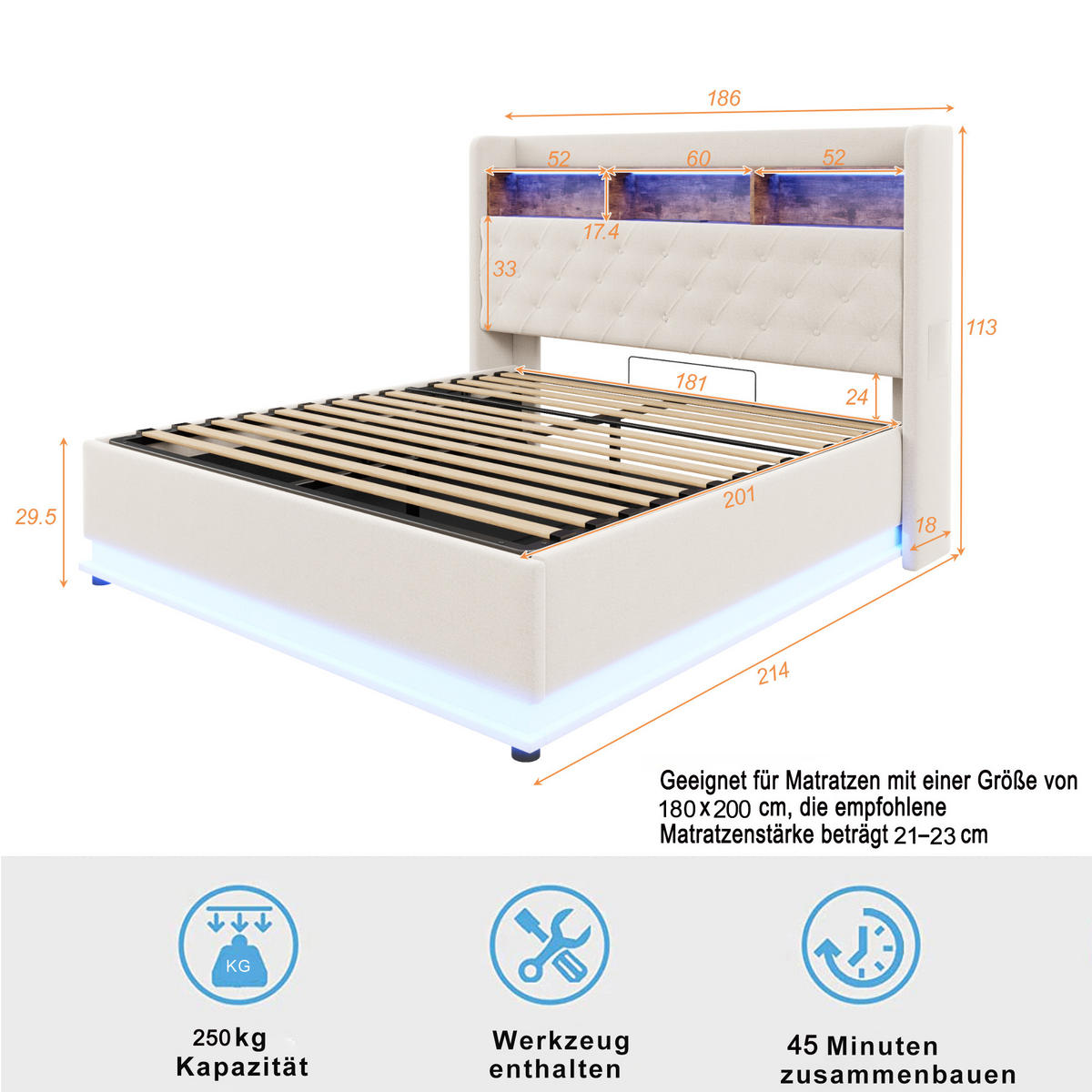 POLSTERBETT 180/200 cm Beige mit USB-Ladeanschluss und hydraulischem Stauraum - Beige, Textil (180/200cm) - OKWISH