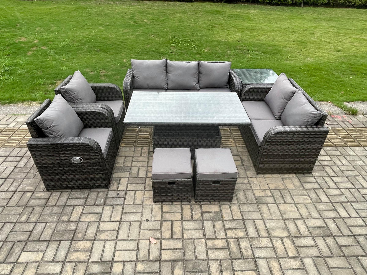 SITZGRUPPE GARTENSET MIT COUCHTISCH Polyrattan Outdoor 9-Sitzer - Dunkelgrau/Grau, Glas/Kunststoff - Fimous