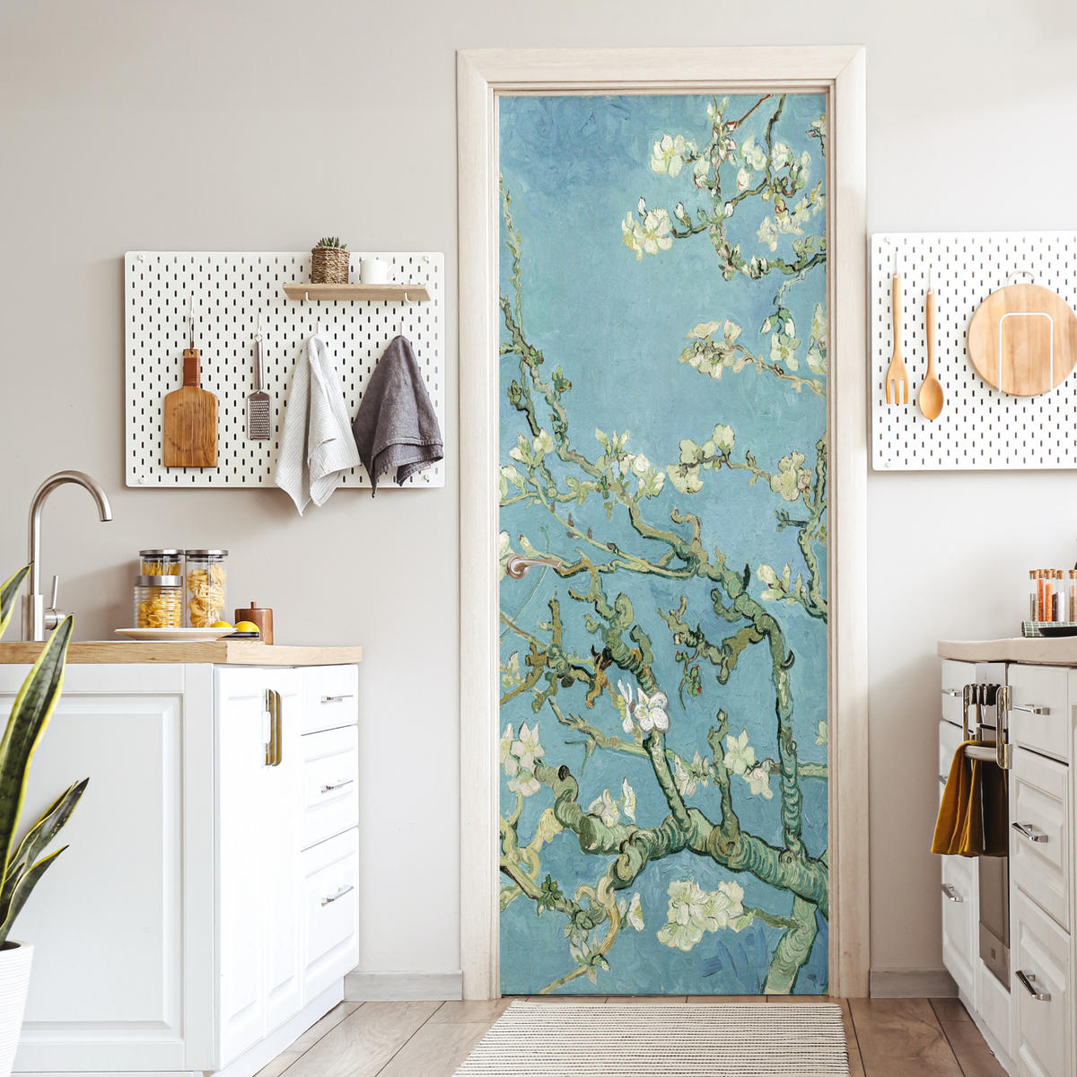 TÜRAUFKLEBER Selbstklebend - Mandelblüte - Van Gogh - Kunst 95x235 cm - Türtapete - Pastellblau, Kunststoff (95/0.1cm) - MuchoWow