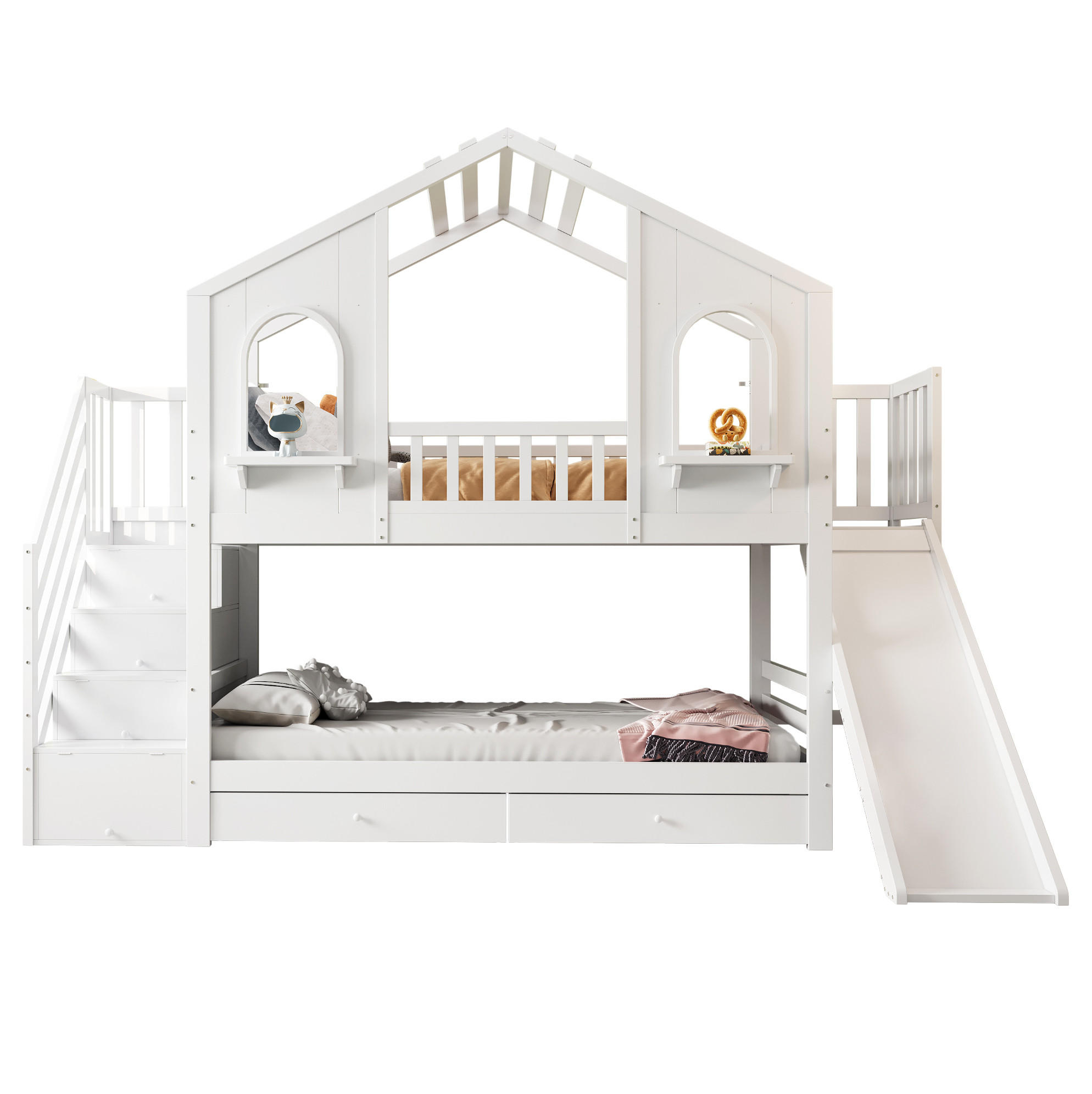 HAUSBETT 90/200 cm Weiß mit Rutsche und Aufbewahrungsleiter - Weiß, Holzwerkstoff (90/200cm) - Flora Grace