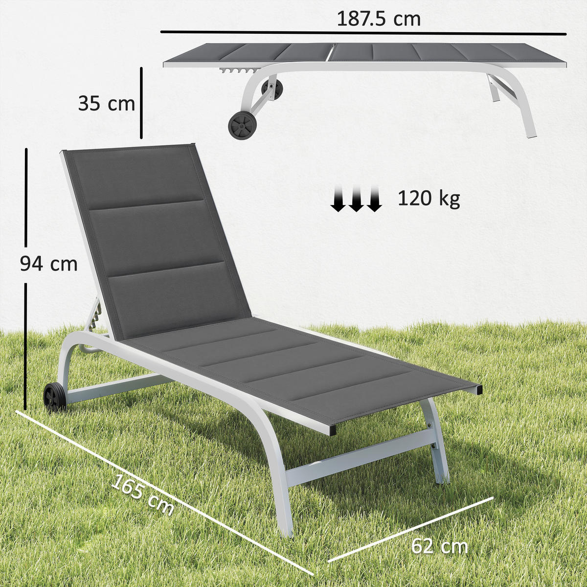 SONNENLIEGE Garten-Sonnenliege mit Rollen aus Texteline mit Aluminiumrahmen,165*62*94 cm ,dunkelgrau und weiß - Grau, Metall (62/94/165cm) - Vallsero