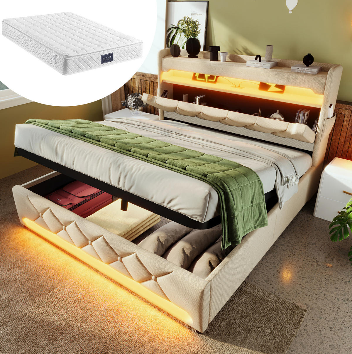 BETT mit Stauraum, LED und Ladefunktion 140x200 cm Leinen Beige inkl. Matratze - Beige, Metall (140/200cm) - Meubliv