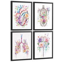 POSTER Set aus 4 Anatomie Mensch Drucke und mit Herz Gehirn Lungen Luftröhre Bronchien Wirbelsäule Florales Aquarell Design Größe Schwarzer Rahmen A4 - Schwarz, Papier (21/29.7/3cm) - Nacnic