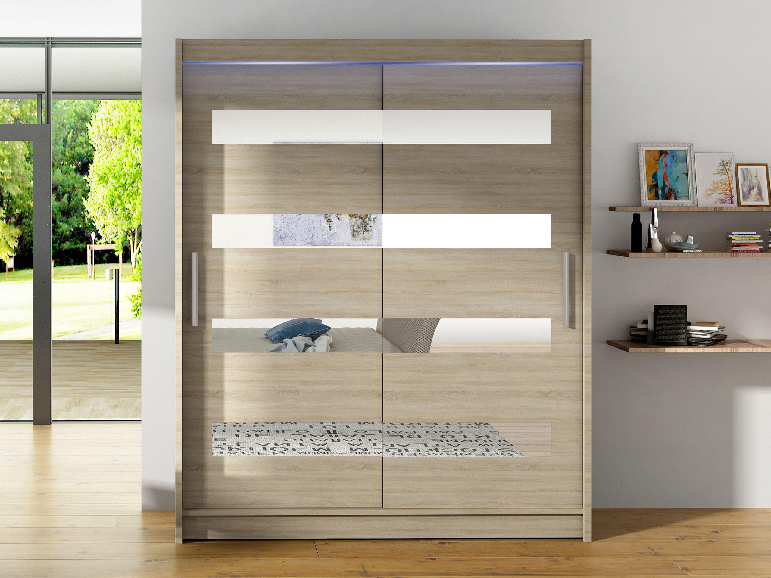 SCHWEBETÜRENSCHRANK Westa XIII, mit RGB LED Beleuchtung - Silberfarben/Sonoma Eiche, Holzwerkstoff/Metall (150/200/58cm) - MIRJAN24