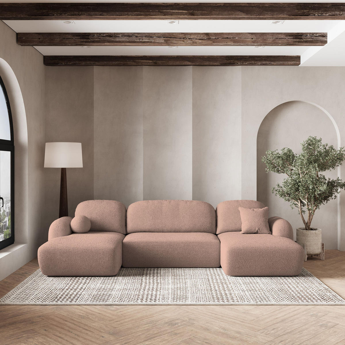 ROHOVÁ SEDAČKA SAVONA starorůžová - starorůžová/černá, dřevo/textil (320/148cm) - MASSENO