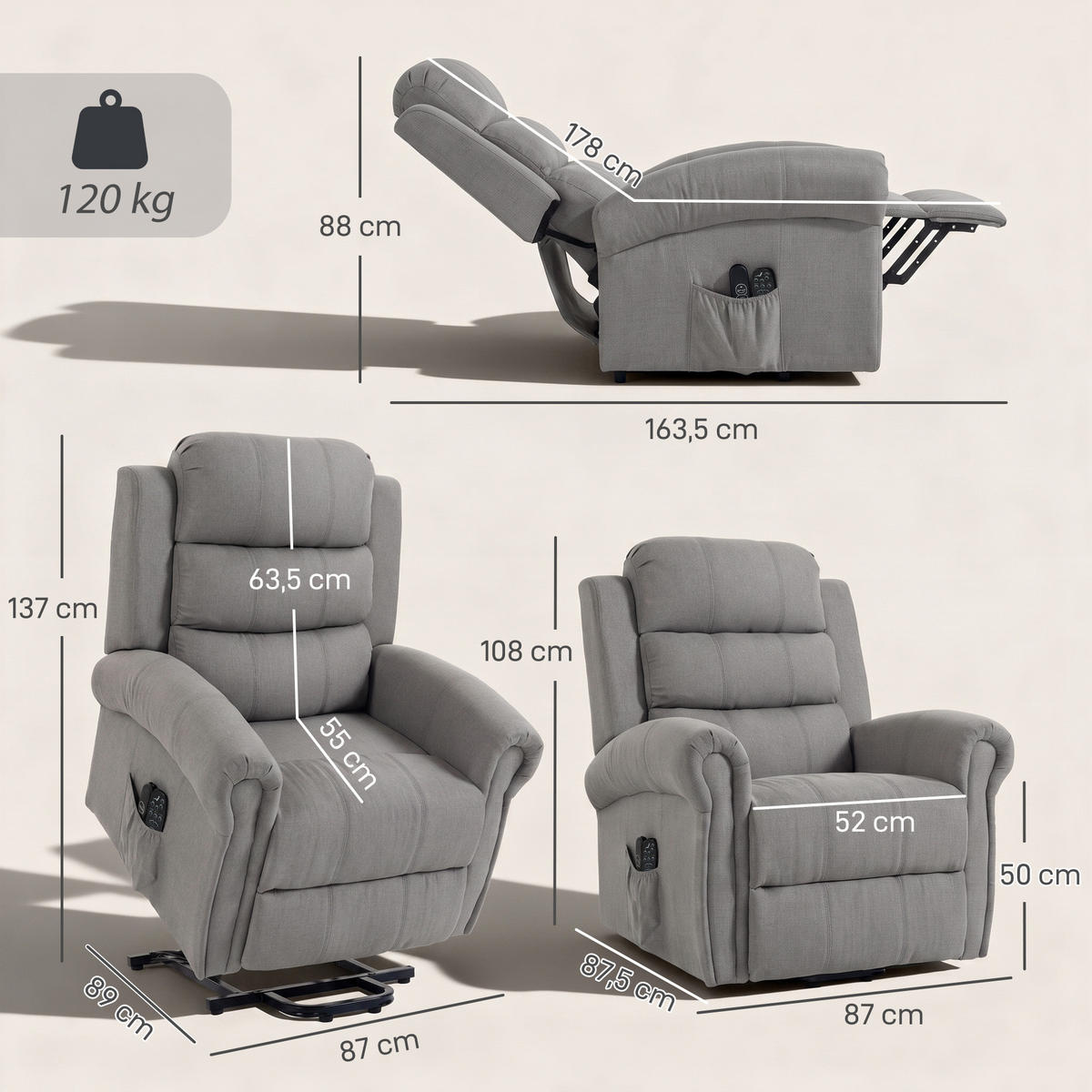 RELAXSESSEL Polyester Hellgrau - Beige/Hellgrau, Textil/Metall (87/108/87.5cm) - HOMCOM