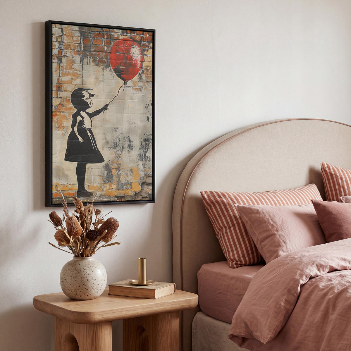 LEINWAND Bilder mit Rahmen - Graffiti - Banksy - Mädchen - Straßenkunst - 40x60 - Sandfarben, Textil (40/60cm) - MuchoWow