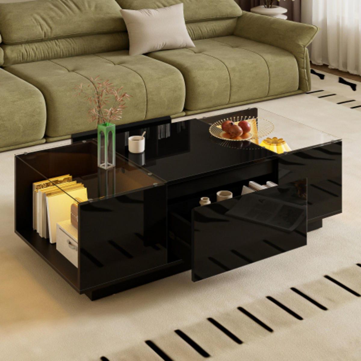 COUCHTISCH Schwarz aus Spanplatte mit Bluetooth LED-Licht und Glasverkleidung 105×50×35 cm - Schwarz, Holzwerkstoff (50/105/35cm) - Luhomfu