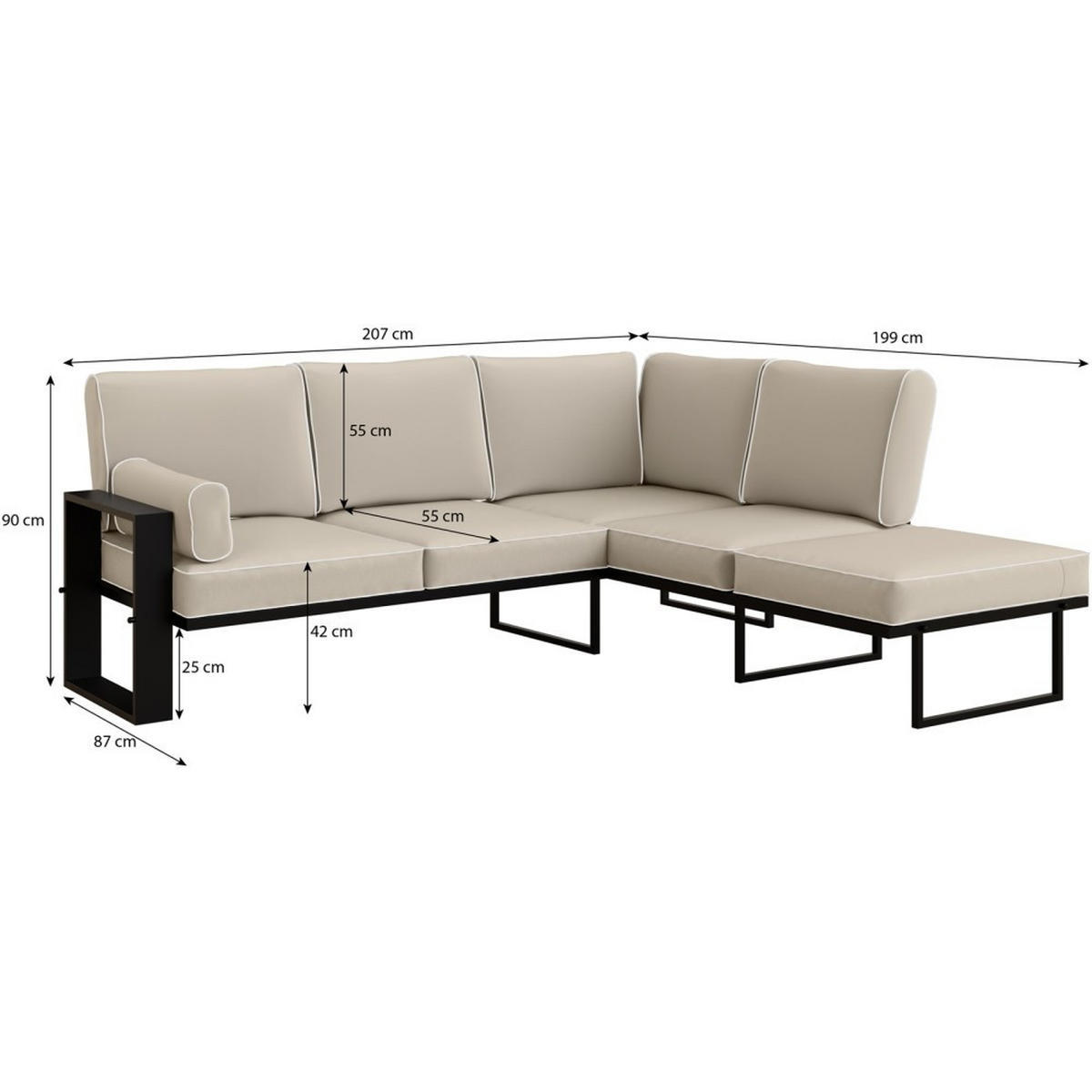 LOUNGEECKTEIL Verdino mit Metallrahmen 207 cm beige - Beige, Metall (207/90/199cm) - Beautysofa