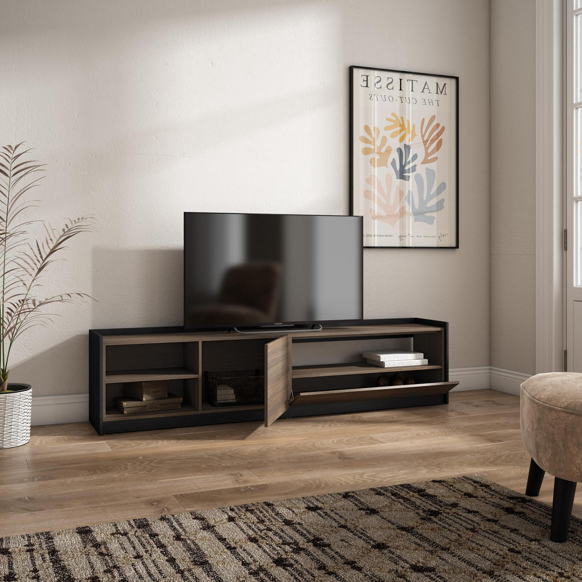 TV-SCHRANK, Lowboard, Dunkler Eiche und Schwarz, 207/37/50cm - Dunkelbraun, Holzwerkstoff (207/50/37cm) - Skraut Home