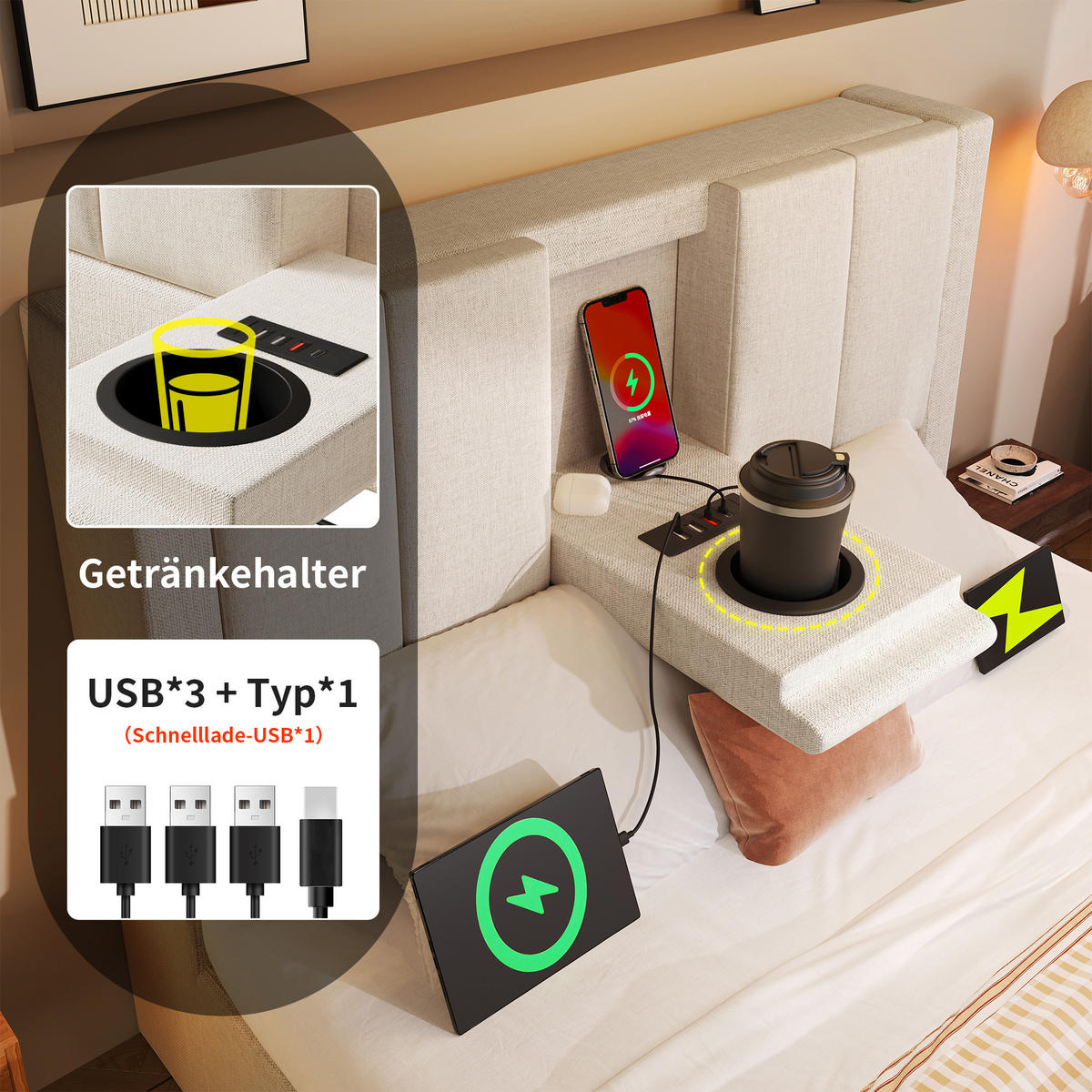 POLSTERBETT 90/200 cm Beige mit Stauraum und integrierter Ladestation mit Matratze aus Leinen - Beige, Textil (90/200cm) - OKWISH