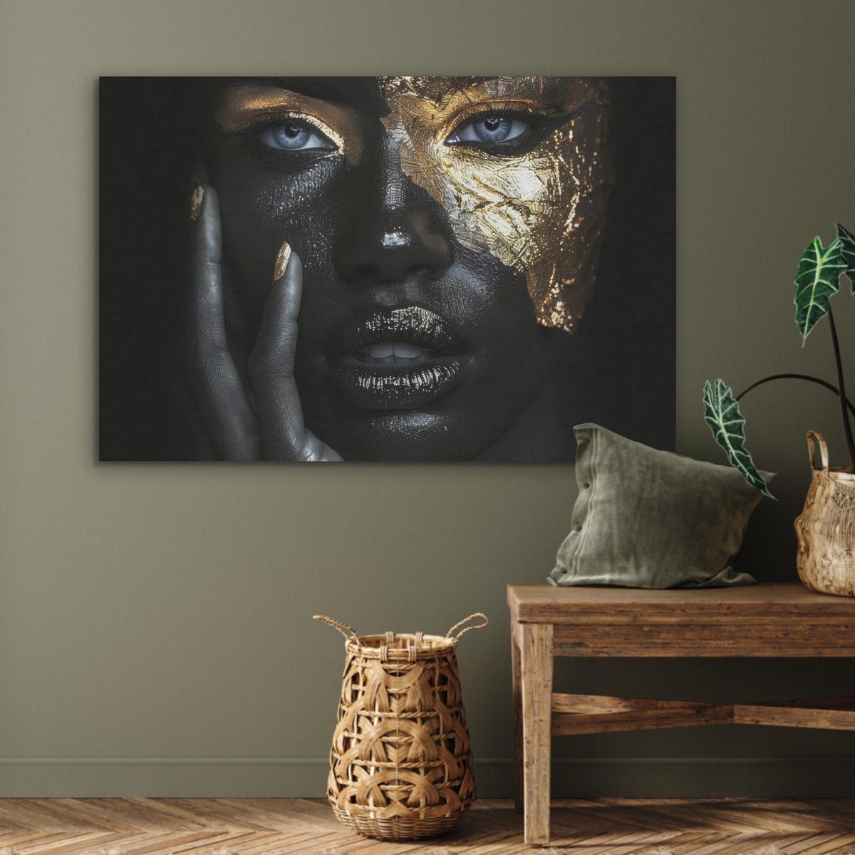 AKUSTIKBILD Frau - Gold - Porträt - Schwarz-Weiß - Luxus Akustikpaneele 90x60 cm - Hellblau, Kunststoff (90/60/0.9cm) - MuchoWow