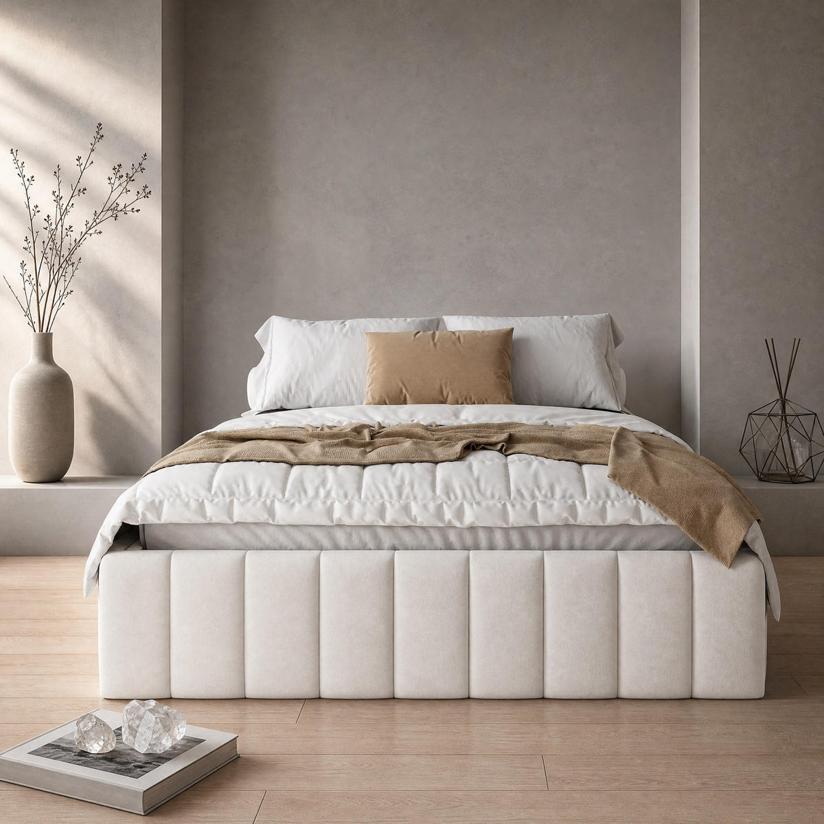 POLSTERBETT 140/200 mit 4 Schubladen, Lattenrost und ohne Kopfteil aus Samt in Beige - Beige, Holzwerkstoff/Textil (140/200cm) - EVRYAE