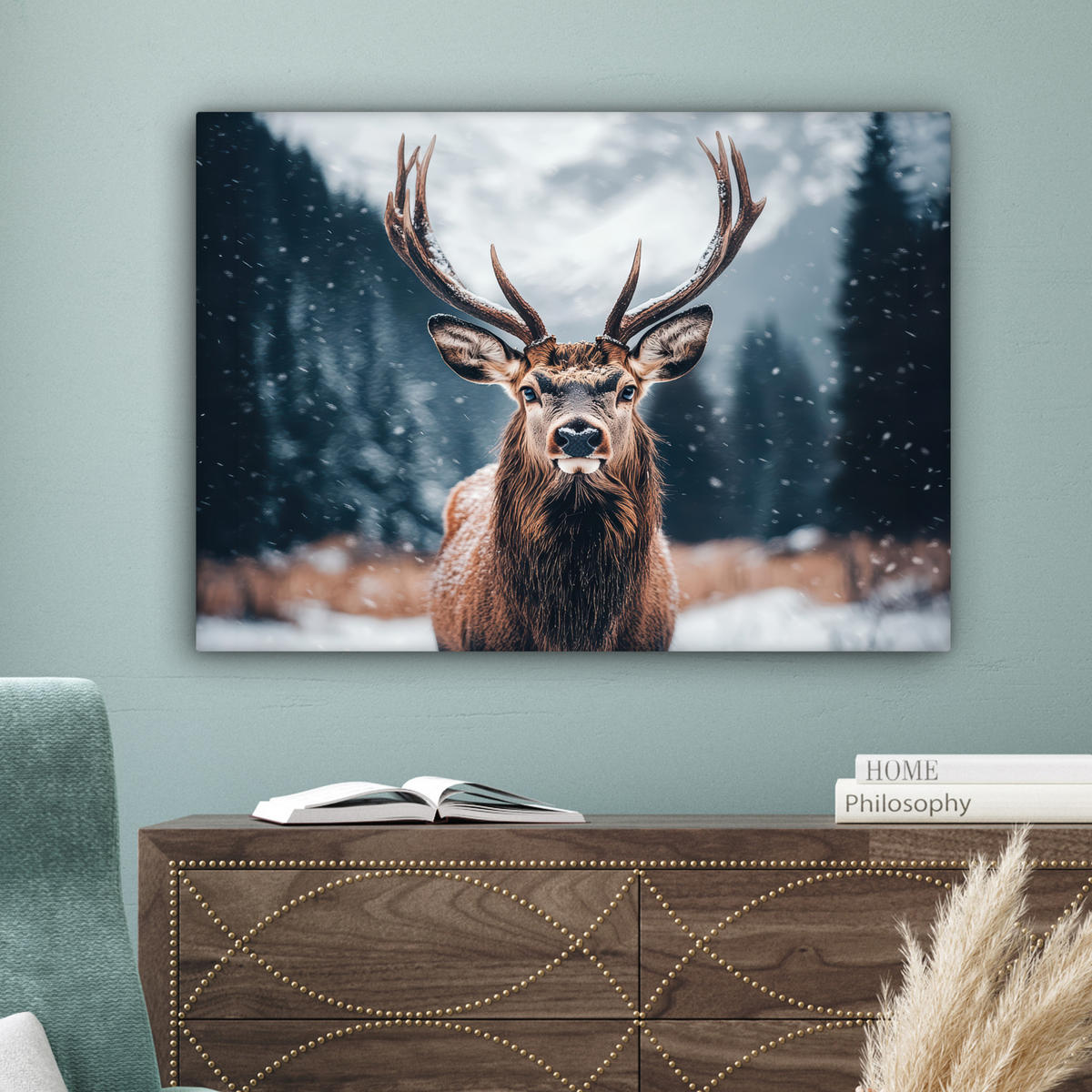 LEINWANDBILD Hirsche - Tiere - Landschaft - Winter - Schnee Wandbilder 80x60 cm - Kastanienfarben, Textil (80/60cm) - MuchoWow