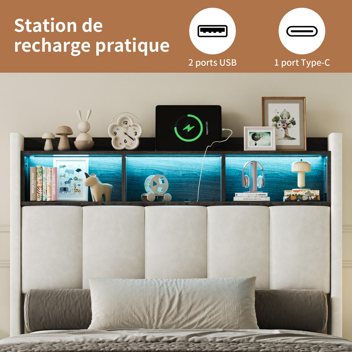 POLSTERBETT 90x200 cm LED Ablagefach Samt weiß - Weiß, Holz (90/200cm) - LEBENLANG