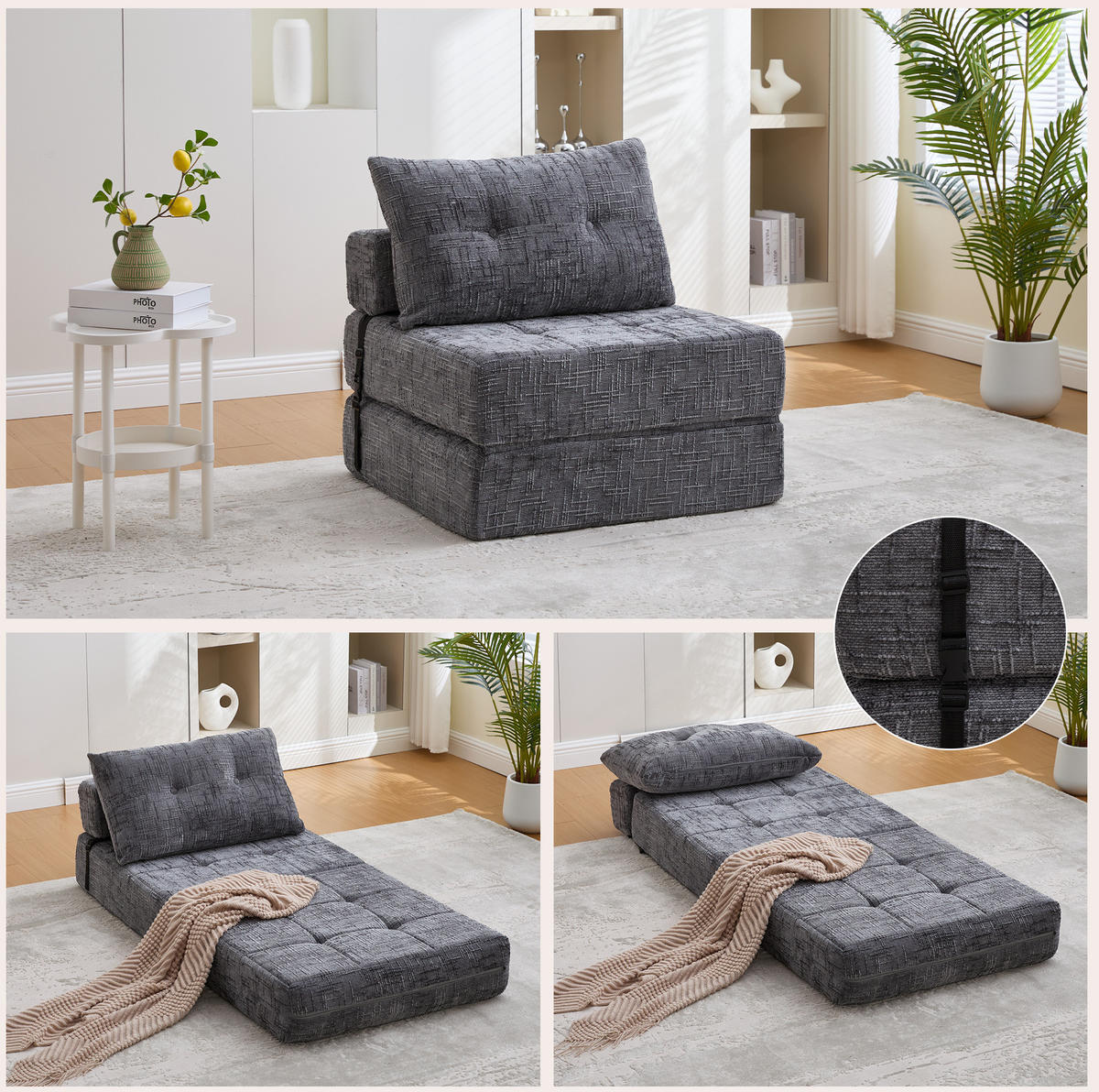 SCHLAFSESSEL klappbar Chenille Gray mit Kissen - Grau, Kunststoff (79/57/79cm) - Beauniv