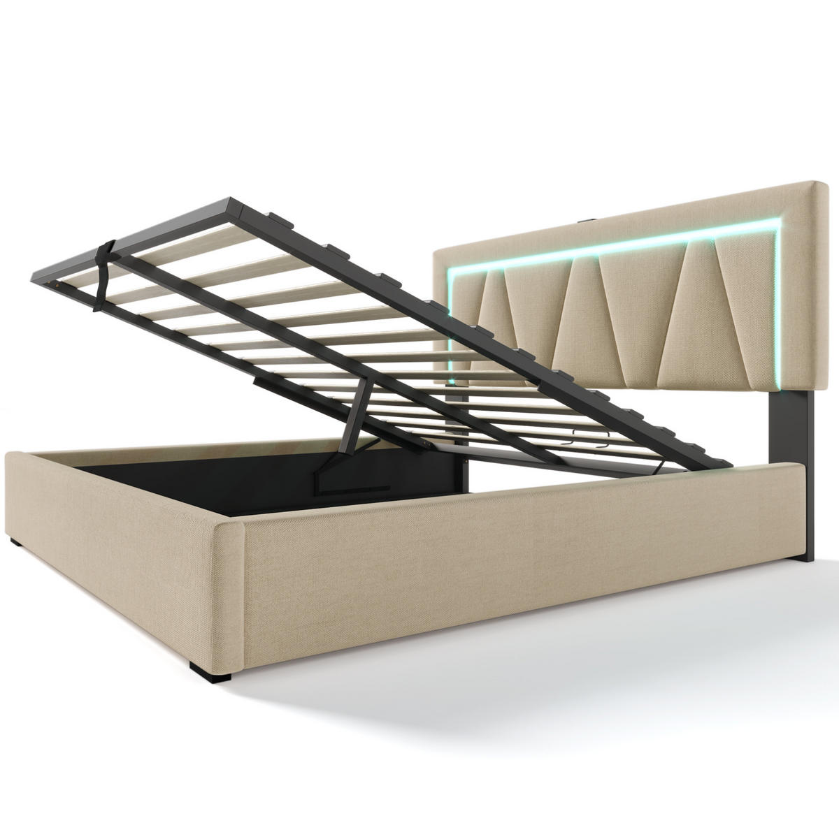 POLSTERBETT 140/200 cm Beige aus Leinen mit LED-Beleuchtung und USB-Ladefunktion - Beige, Textil (140/200cm) - OKMYHOME